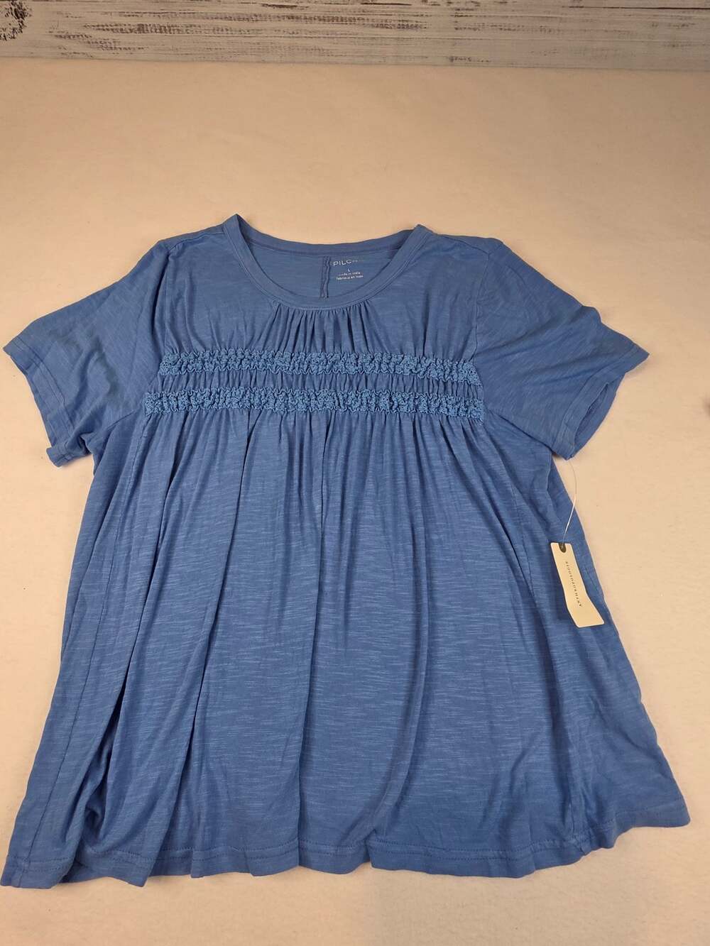 Pilcro Blue Smocked Babydoll Top Women's L Short Sleeve Slub Boho Anthropologie
